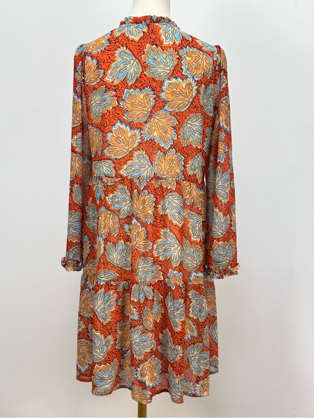 THML Rust Orange Floral Tassel-Front Long Sleeve tiered mini Dress size S - Picture 7 of 13